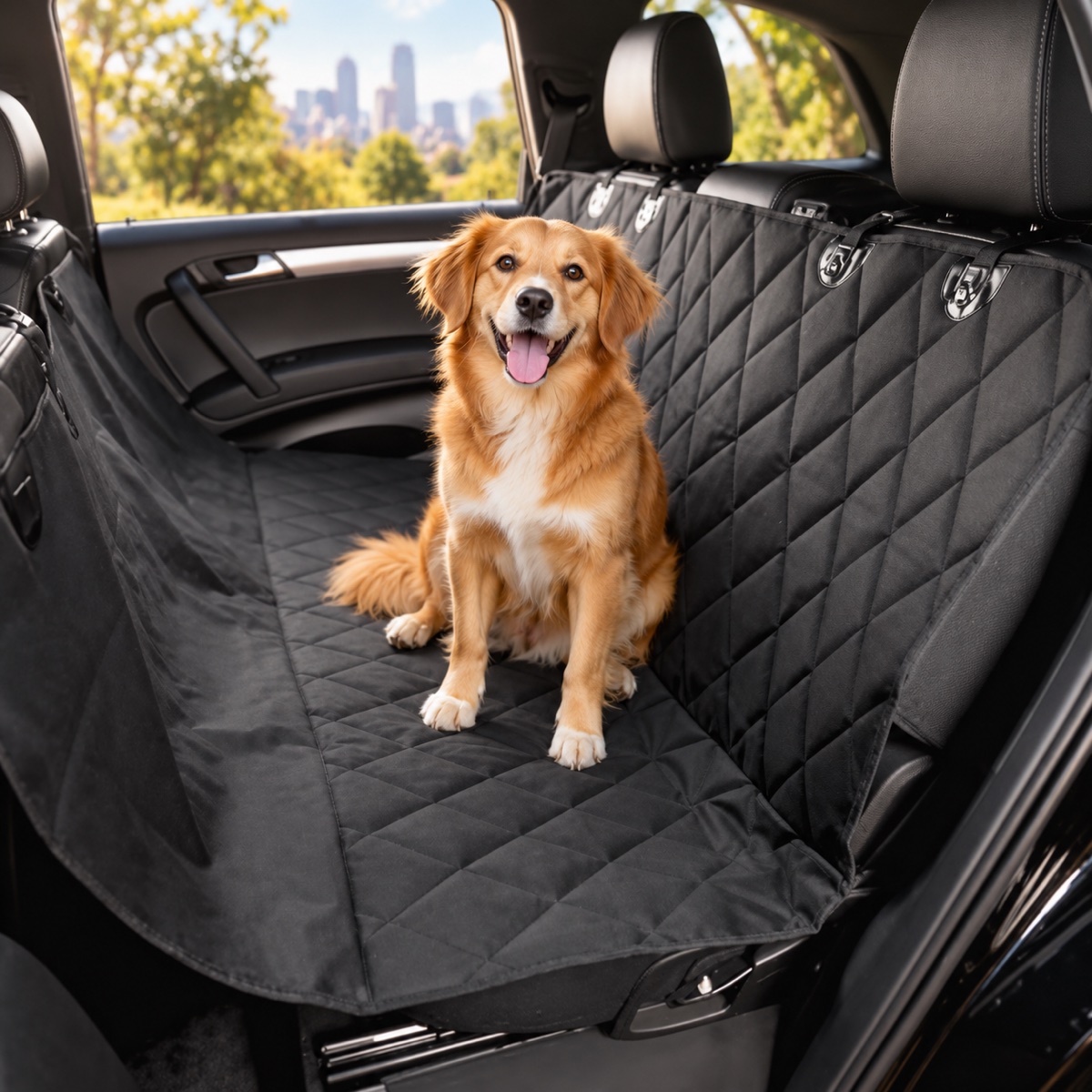 Black quilted dog backseat hammock installed in a car